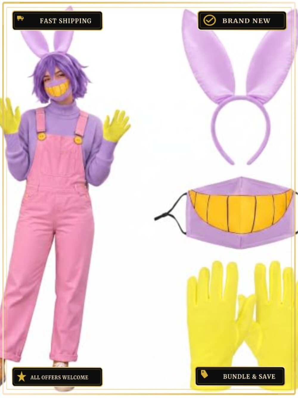 Bunny Ear Headband Teeth Face Mask Yellow Gloves Halloween Costume Set